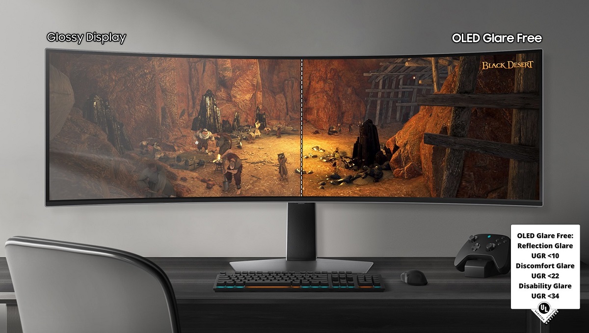 Monitor Samsung Odyssey G9 49” zakrzywiony przedstawiony wyświetlacz OLED Glare Free